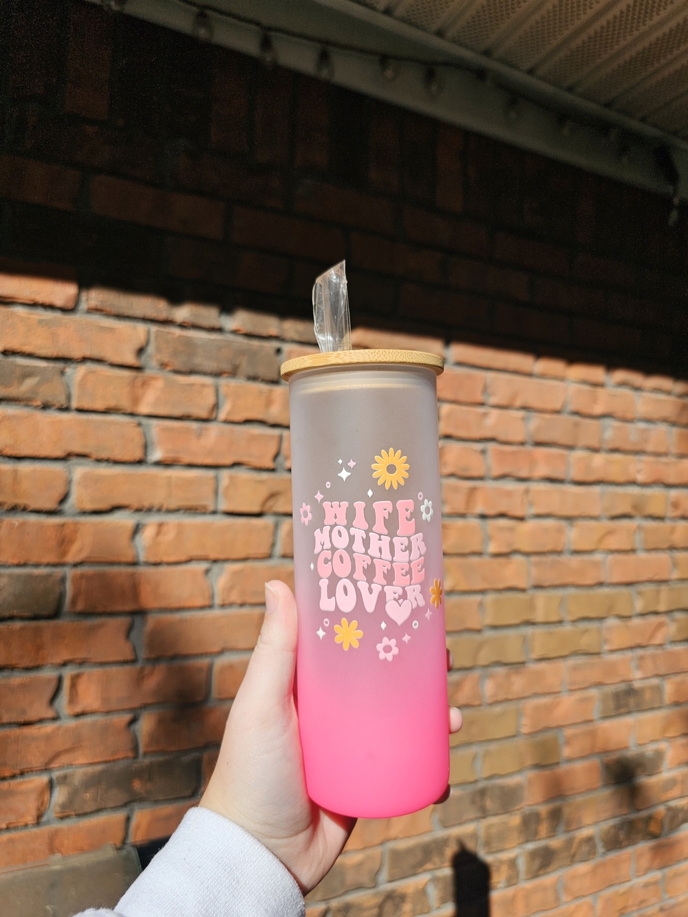 Pink Ombre 'Wife Mother Coffee Lover' Glass Tumbler with Bamboo Lid